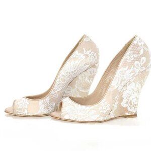 FSJ Nude Lace Bridal Shoes Peep Toe Wedge Heel Pumps for Women